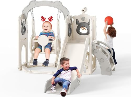 Tobogán para niños, gran tobogán con canasta de baloncesto, estructura de escalada para el jardín, telescópica, espacio de almacenamiento (tobogán de impulso 6 en 1 + columpio - gris beige)