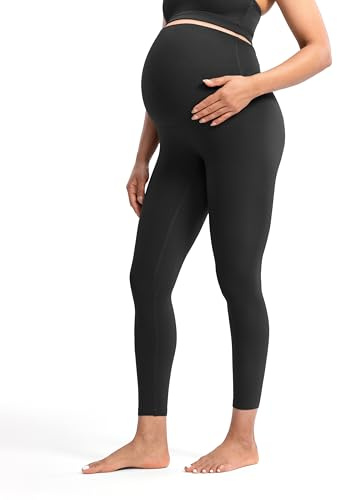 POSHDIVAH Women's Creamluxe Maternity Leggings 25 Over The Belly Pregnancy Yoga Pants Active Workout Leggings, Black Medium