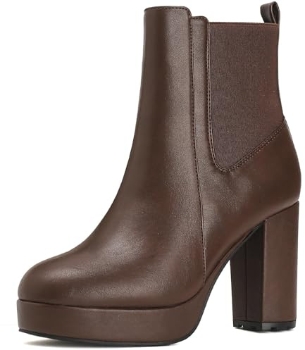 Putu Women's Chunky High Heel Ankle Boots Dressy Booties with Zipper Round Toe Platform Booties Brown 8.5