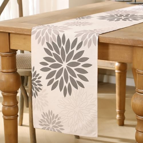 Tischläufer Blumen Grau Dahlien Tischläufer Modern Herbst Saisonal Table Runner Küche Tisch Dekoration Tischdecke für Hochzeit Esszimmer Drinnen Urlaub Party Dekor 40x100 cm