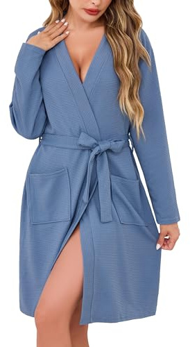 Sopesil Accappatoio Donna in Cotone a Maniche Lunghe Vestaglia Donna Corta con Scollo a V Tasche Kimono al Ginocchio Blu,L