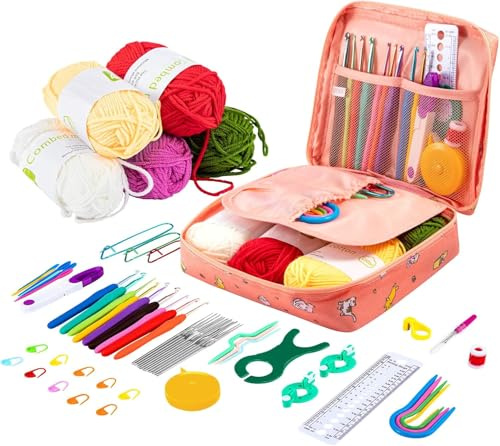 BREEZENEST 61Pcs Complete Crocheting Kit for Beginners Adults, Ergonomic Metal Crochet Hooks Set 2-6mm with Wool Yarn, Knitting Needles & Accessories for Scarf, Hat, Clothes, Colour Random (Pink)