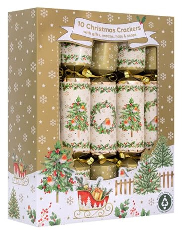 Widdle Gifts Knallbonbons für Weihnachten, festliche Tischdekoration, goldfarben, silberfarben, weiß und rot, 10 Stück (Goldrotkehlchen, Bäume und Kränze 0325)