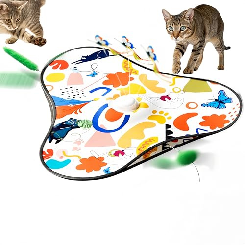 Interaktives Katzenspielzeug Selbstbeschäftigung, Katzenspielzeug Elektrisch,Elektrisches Katzenspielzeug mit Abnehmbaren Federn, Schwingendem Schmetterling und Quietschender Maus,USB-Aufladung(Weiß)
