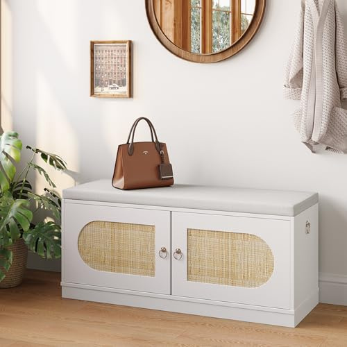 DSNAPE Schuhbank mit Stauraum 100cm, Sitzbank mit Rattan Türen, Weiß | Schuhregal mit Sitzbank & Sitzkissen, Schuhschrank für Eingangsbereich Wohnzimmer Flur