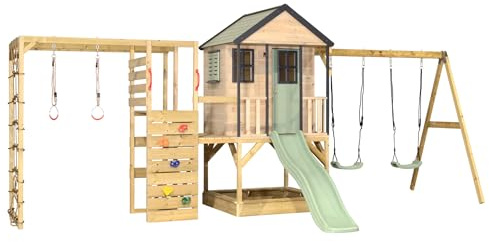 Wendi Toys M60-G Stelzenhaus mit Rutsche, Doelschaukel, Kletterturm aus Holz, Spielhaus Kinder Outdoor Garten mit Kletterwand, Kletternetz, Sandkasten, 342×563×242 cm (Pastellgrün)