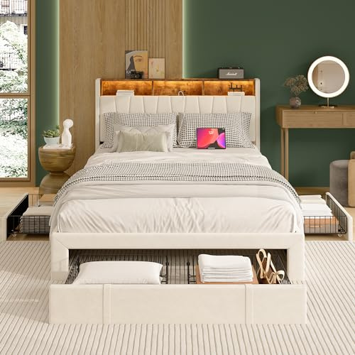 SHAODENG Jugendbett 140x200 mit LED & USB Ladefunktion, Stauraumbett mit Ablagefächer Kopfteil und 4 Schubladen, Polsterbett Bettgestell mit Lattenrost, Beige Samt Bett, ohne Matratze