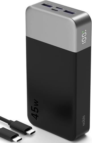 NOBIS bärbar laddare, 20000mAh 45W power bank med snabbladdning, batteripaket med 2 USB-C (in/ut) och 2 USB-A, digital display och lågströmmläge, kompatibel med telefon 17, S25 och surfplatta