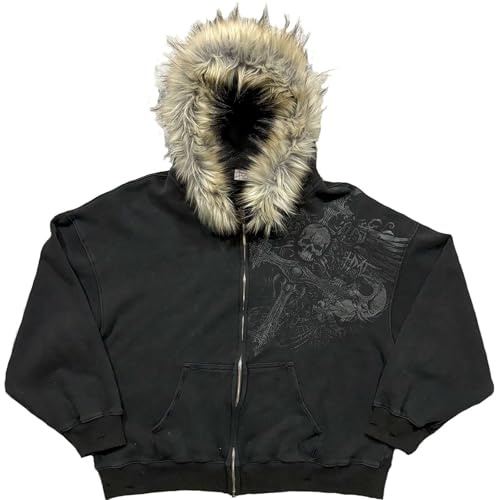 Generisch Felpa con cappuccio unisex Y2K con cappuccio in pelliccia e cerniera, in cotone, stile hip hop, punk, street rock, goth, leggera