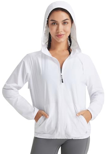 baleaf Women's Sun Jackets No Insert Lightweight Hiking Hoodie UPF 50+ Workout Mosquito Clothes Long Sleeve UV with 2 Pockets White L