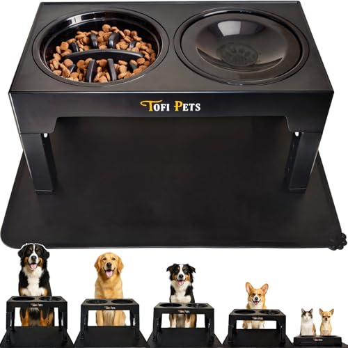 TOFI PETS Comedero Perro Elevado 5 Alturas | Bebedero y Comederos para Perros + Alfombra Silicona, Dog Bowl Lento Antivoracidad y Bebedero Antigoteo | 2 Cuencos