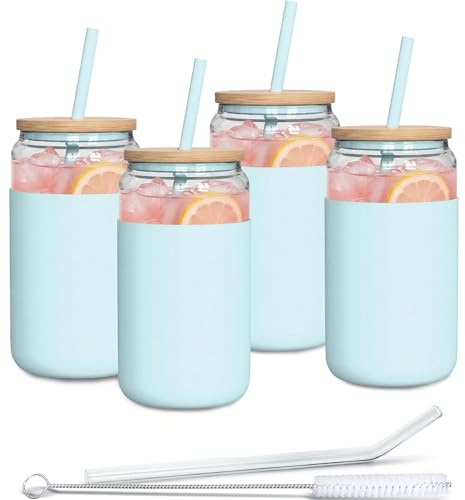 Aquafloow Trinkglas mit Strohhalm und Deckel 500ml | Gläser mit Silikonhülle | Trinkgläser set inclus 2x Strohhalme und 1x Reinigungsstab | für Tee, Smoothie Kaffee-4 Stück- Hellblau