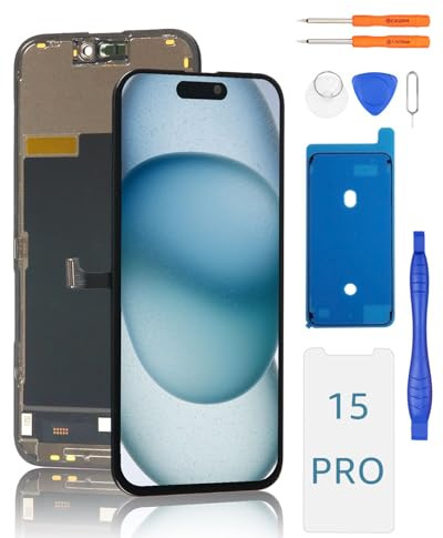 Yodoit Pantalla para iPhone 15 Pro COF FHD LCD Reemplazo Negro 6.1 Pulgadas Táctil Digitalizador de Vidrio con Kit de Herramientas de reparación, película Protectora