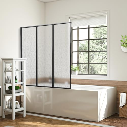 Jaxguom Pannello doccia per vasca da bagno, 120 x 140 cm, in plastica, pieghevole, 3 pezzi, telaio in alluminio nero, montato a sinistra o a destra, con struttura a goccia