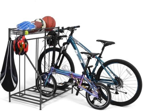 ikkle Range Vélo, Râtelier Vélo 3 Places, Support Vélo Au Sol Pour Garage Avec Panier & Crochets & Emplacement Réglable Pour Vélo De Route, VTT, Hybride, Enfant – Intérieur/Extérieur