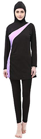 BOZEVON Muslimischen Badeanzug - Muslim Islamischen Bescheidene Badebekleidung Modest Swimwear Beachwear Burkini für Damen, Schwarz+Violett, 3XL