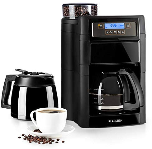 Klarstein Aromatica II Machine à café avec broyeur – Cafetière filtrante, 1000 W, minuterie, avec filtre permanent et charbon actif, verseuse en verre de 1,25 l, bouteille isotherme de 1,25 l, noir