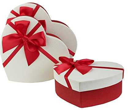 Emartbuy Set von 3 Starre Luxus Präsentierte Geschenkbox in Herzform, Texturiert Rote Box mit Weißem Deckel, Punktmuster Innere und Satinschleife | Luxuriöse Geschenkbox aus Karton mit Band, Premium-Verpackung für Valentinstag, Geburtstage, Hochzeiten und besondere Anlässe