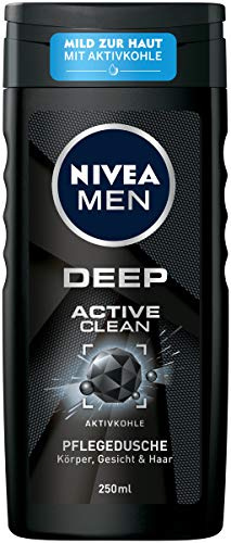 Nivea Men Deep Active Clean Shower Gel (250 ml), Revitalising Shower Gel with Activated Charcoal, pH Skin-Friendly Shower Gel for the Body, Face and Hair
