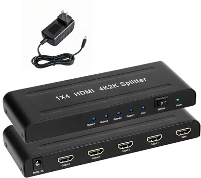 HDMI Splitter 1 in 4 Out, HDMI 4K@60Hz Splitter with LED Indicators and Power Adapter, Supports 3D, Compatible with Xbox, PS5, TV, Projector, etc (SP104)
