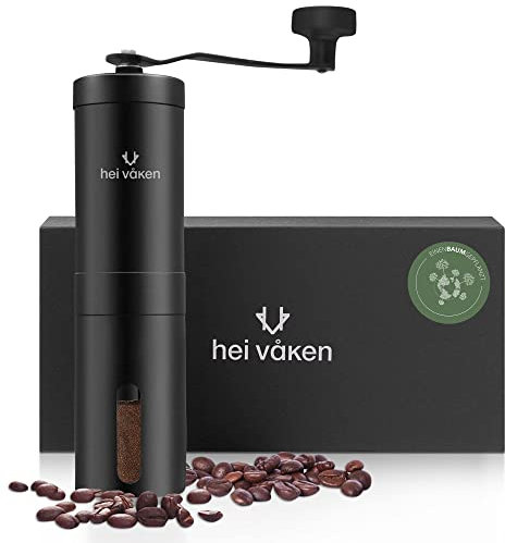 hei våken Kaffeemühle manuell mit Kegelmahlwerk - Verstellbarer Mahlgrad - Handmühle aus Edelstahl für Zuhause & unterwegs