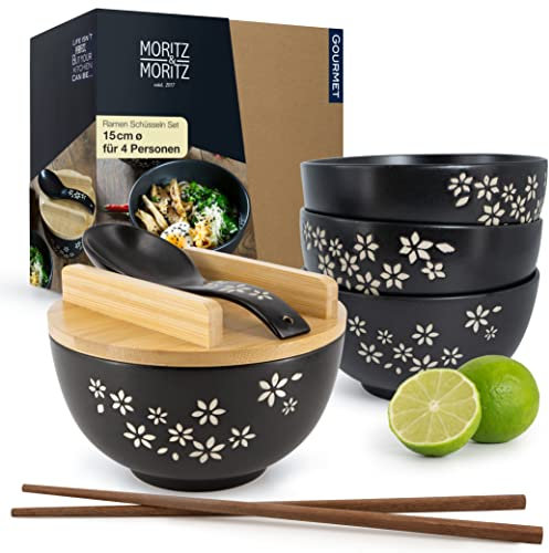 Moritz & Moritz Set di 4 ciotole per ramen in ceramica da 600 ml, diametro 15 cm, colore nero, per 4 persone, per zuppe, Pho e Sushi Bowl, con bacchette, coperchio e cucchiaio