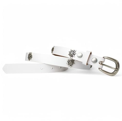 FRONHOFER Trachtengürtel für Damen mit Edelweiß aufgenietet, 2,5 cm, 18805, Größe:Körperumfang 115 cm/Gesamtlänge 130 cm, Farbe:Weiß