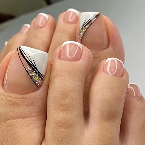 RUNRAYAY Weiße French Tip Press On Zehennägel Mit Strasssteinen, Gefälschte Zehennägel Press Ons Full Cover Künstliche Fußnägel Für Nagelstudios Und DIY Nail Art Sommer 24St