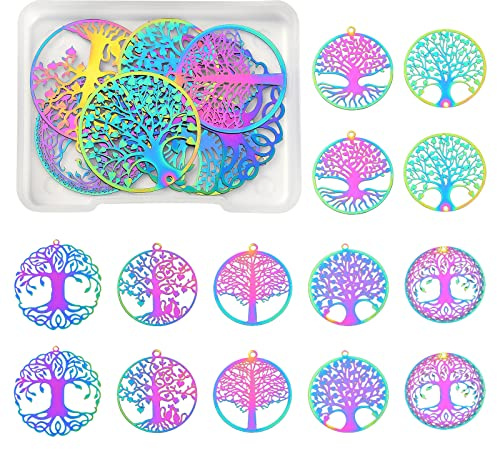 COGCHARGER 14 Pieces Tree for Life Filigree Charms Pendants Rainbow Stainless Steel Charm Multi-color for Jewellery Necklace Bracelet Earring Making Crafts