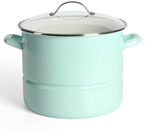 Martha Stewart Thayer 16-Quart Enamel On Steel Scratch Resistant Steamer Stock Pot w/Stainless Steel Insert - Martha Blue