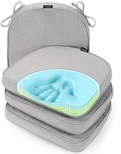 SUNROX Gel Memory Foam Chair Cushions, FadeShield Water-, Stain-Resistant Durable Reversible Seat Cushion Pads with Ties for Indoor/Outdoor Kitchen Dining Office, 17x16, Set of 4, Heather Grey