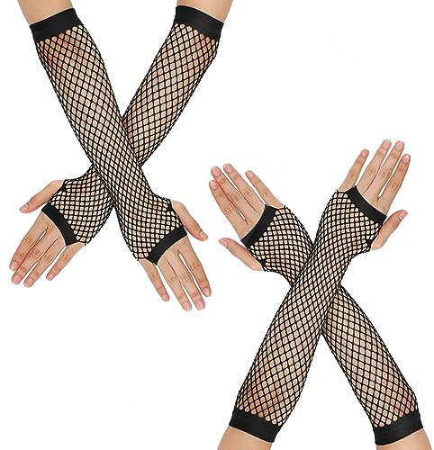 Yolev 2 Paar Netzhandschuhe Damen Lange Fingerlose Handschuhe Schwarz Armstulpen Netzhandschuhe 80er-Jahre Retro Party Disco Maskerade Kostüm Zubehör