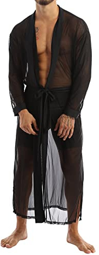 Caxndycing Men's Sissy Lingerie Set Mesh Dressing Gown Long Laced Kimono Robe and T-Back Set Transparent Sleepwear Sexy Lingerie Bathrobe Long Sleeve Transparent Robe, black, M
