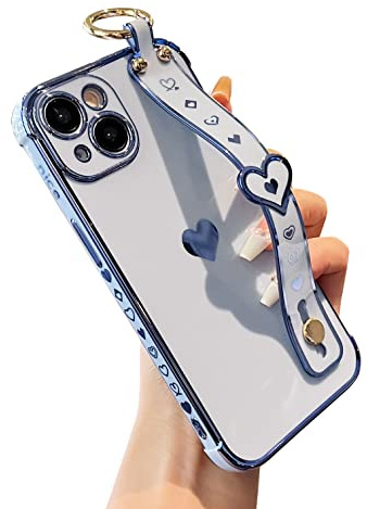 DEFBSC for iPhone 15 Case with Wrist Strap, Plating Heart, Blue | Cute Side Love Pattern Phone Case with Wristband Finger Holder Stand Soft TPU Bumper Shockproof Protective Cover