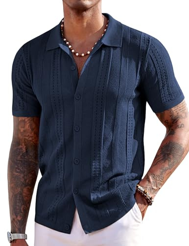 COOFANDY Men's Knit Button Down Shirt Short Sleeve Polo Shirts Casual Summer Beach Tops, Navy Blue, Medium