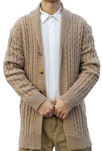 Masrin Veste en tricot pour homme Manteau en tricot long à col rond en maille grossière uni Manches longues Cardigan Blouse Pull simple en une rangée Manteau en laine Manteau d'hiver Tricoté avec
