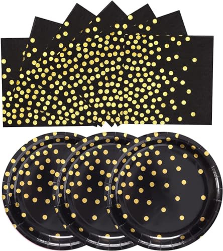 EVYIENEN 50 Stück Schwarz und gold Pappteller und Servietten,25 x 17.8cm Dessertteller 25 x 16.5cm Servietten Party Einweg Set，Pappteller Geburtstag, Party Teller Set für Picknicks