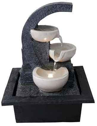 ARUM Lighting - Fontaine d'Intérieur de Table Arkadia, Cascade d'eau 3 Vasques Blanches en Résine, Éclairage LED Blanc Chaud, Pompe Réglable, Décoration Zen Salon et Bureau (H 26,5 cm)