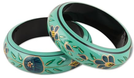 NOVICA Artisan Handmade Wood Bangle Bracelets Floral in Viridian from India Pair Green Painted [8 in Inner Circ. x 0.8 in W] 'Floral Viridian' (Pair)