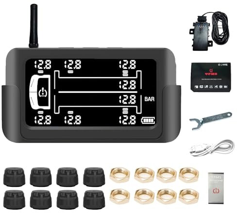 Reifendruckkontrollsystem, drahtloses Solar-TPMS-Monitorsystem mit 8 externen TPMS-Sensor, 6 Alarmmodi, Echtzeit-Erkennung Auto-Alarmsystem für Wohnmobile, Anhänger, schwere LKWs