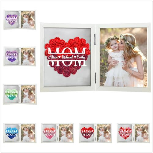 Personalized Mom I Love You Flower Shadow Box with Names Custom Mothers Day Roses Flower Photo Frame Picture Memory Shadow Box Frame Heart Monogram Flower Shadowbox for Mom Grandma Wife