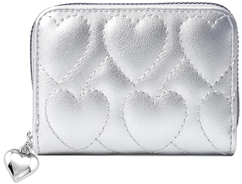 Sminra Kreditkartenetui, kleine RFID-Karten-Geldbörse für Damen, schlankes Leder-Organizer-Etui mit Reißverschluss, 04-Silber, Kartenhalter in Herzform