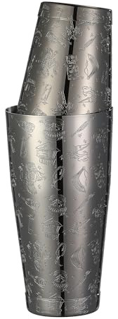 Coctelera Boston con peso grabada con imágenes Tiki (gráfico Tiki negro)