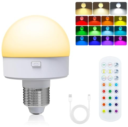 ZDOZITZ Bombilla recargable con control remoto, bombilla LED de emergencia que funciona con pilas con 15 colores seleccionables y 3 temporizadores, luz de disco inalámbrica para aplique de pared
