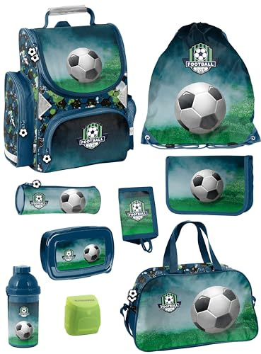 Familando - Schulranzen Set - 9-teilig mit Sporttasche - Fussball - Ergonomisch, stabil & mit gepolstertem Rücken - 1000g leicht - 15L Volumen - Mit Reflektoren - Für Grundschule ab 1. Klasse