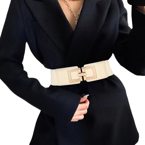 JasGood Damen Breiter Elastischer Taillengürtel Vintage Hüftgürtel Stretchy Kleider Gürtel mit Goldener Schnalle,Beige,100cm
