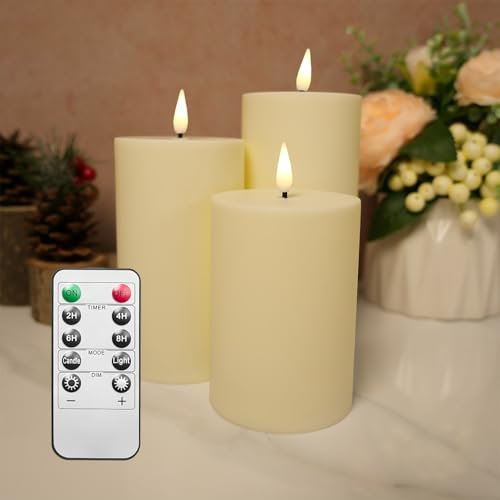 Wasserdicht Flackernden Flammenlose Kerzen, Outdoor-Batterie Betriebene LED Kerzen mit Timerfunktion, 7cm x 9.8 12.3 14.7cm für Zimmer, Tisch, Halloween, Weihnachtsdekoration, Elfenbein, 3er-Set