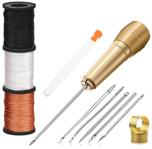 Manija de Cobre de Coser para Reparación agujas de coser a mano con mango de cobre Herramienta de Reparación de Calzado mango de cobre, Kit de Costura Premium – Reparador de Cuero con Hilo Encerado
