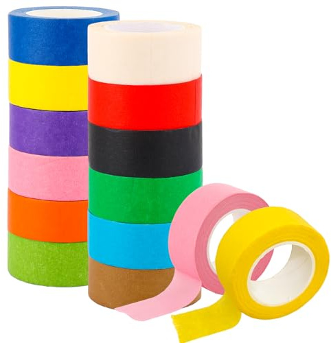 ASelected 12 Rolls Rainbow Masking Tape, 2.5cm x 13m, Assorted Colors, Pressure Sensitive, Writable, Multi-Purpose