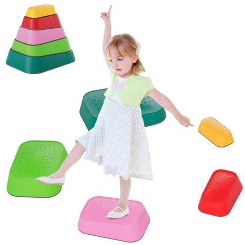 SUBTLETY Kinder Balance Boards 5 Stück Stapelsteine Set Kombinierbar Balancierbalken Rutschfest Balancierbrett für Kinder ab 3 Jahren Belastbar bis 80KG Abenteuer Flusssteine für Drinnen & Draußen